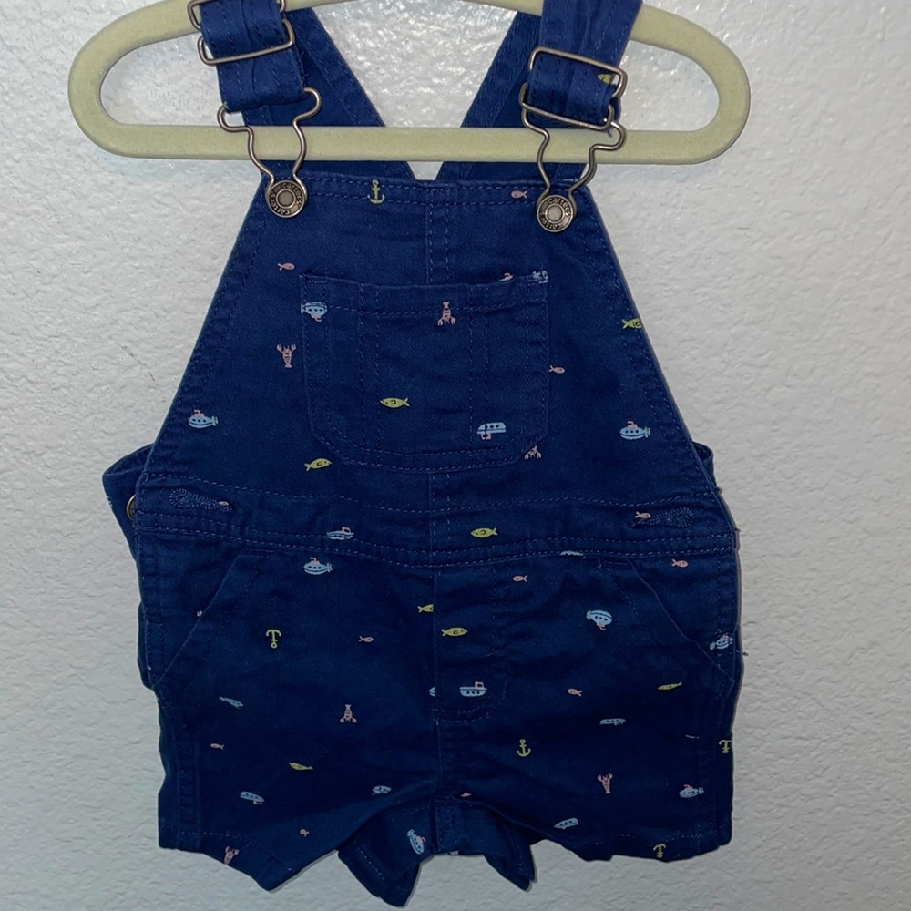 Brand New Carter’s 6 Month Overalls Shorts Navy Blue Denim Fish/Sea Print